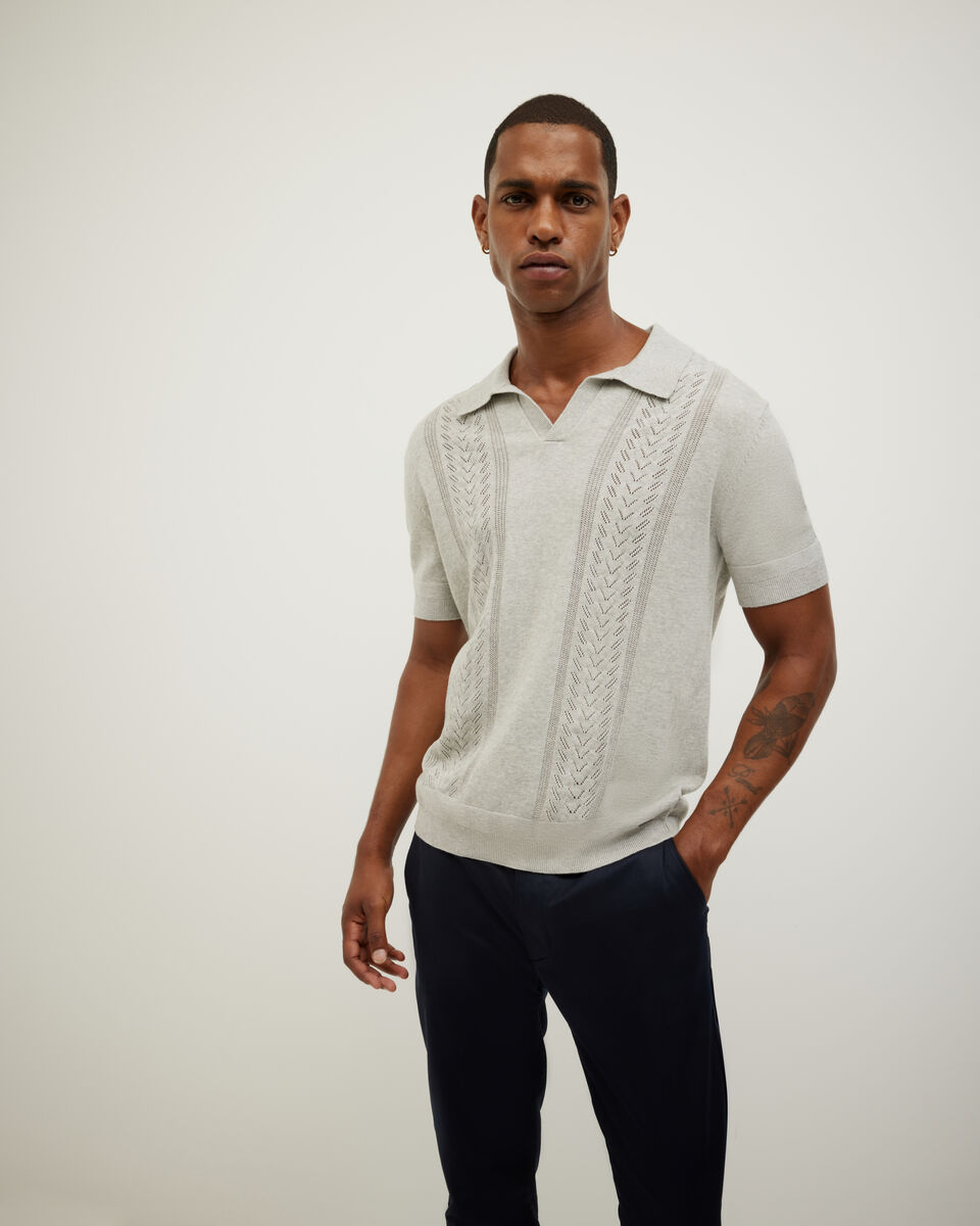 Pointelle Panelled Trophy Neck Knit, Grey Marle, hi-res